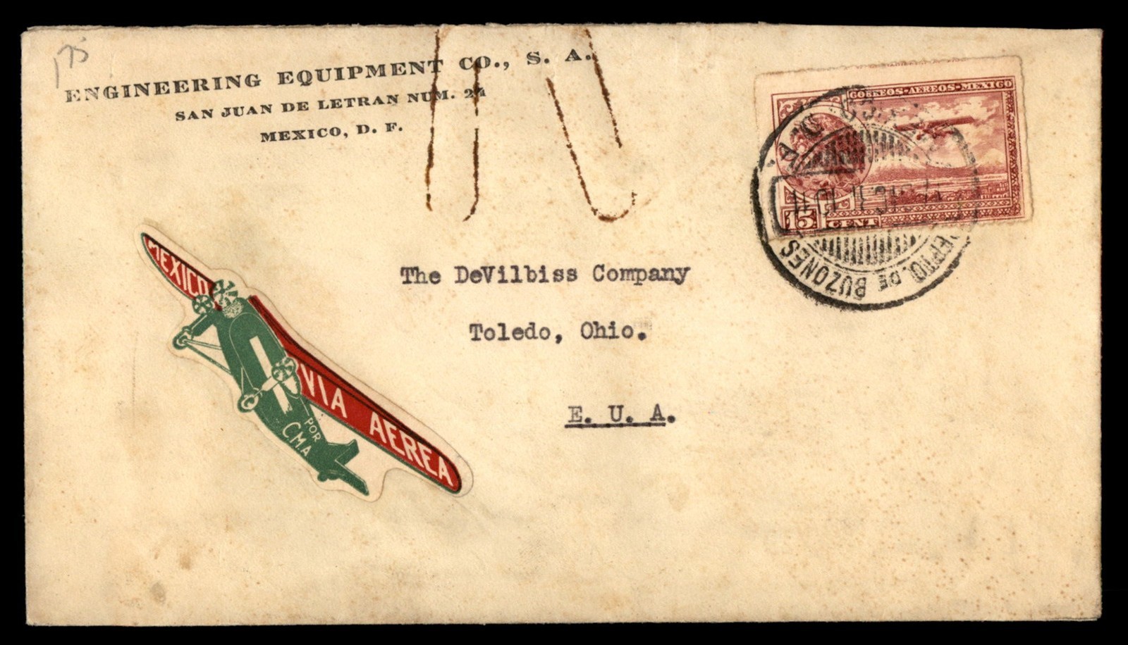 Mayfairstamps Mexico 15c Airmail Cover with Airplane Etiquette dda_13567