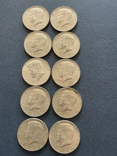 Kennedy Half Dollar Silver 10-Coin Set, 40% Weight, 1967-1968 AU