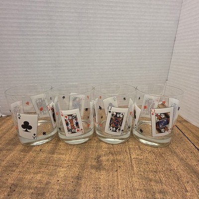 Set 4 Poker Playing Cards Glass Rocks Whiskey Barware Ace Jack Queen King 12 oz
