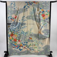 JAPANESE KIMONO FURISODE CREAM 168cm 5 ft 6 in PURE SILK FF11253
