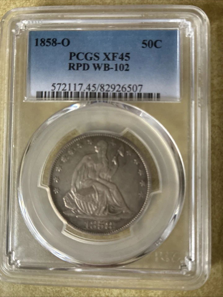 Medio dólar Liberty Seated 1858-O graduación profesional XF 45 50c RPD WB-102 bonita moneda envío gratuito Foto 3 de 4