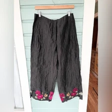 Citron black crinkly pants floral embroidered hem linen blend wide leg artsy M
