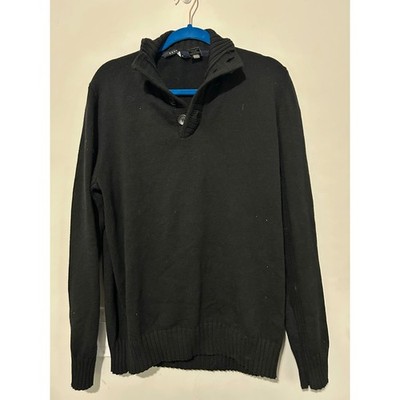 Sean John Mens Black Cotton Button Mock Neck Knit Sweater Pullover