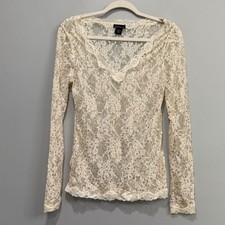 Coquette Balletcore Fairycore Y2K Floral Lace Sequin Long Sleeve Top Medium B02