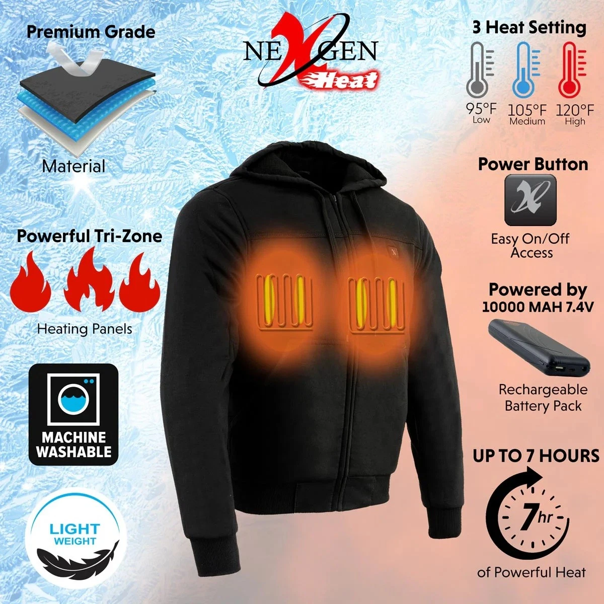 NEXGEN HEAT MENS FRONT BACK HOODIE HEATED ZIPPERED BLACK JACKET - USACT