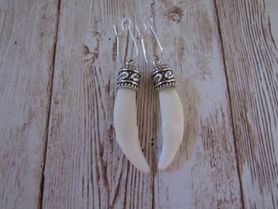 Coyote Teeth Earrings Tibetan Silver Dangle Animal Bone Jewelry Kidney