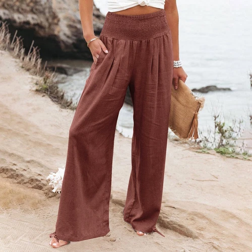 Women Cotton Linen Pants Solid Wide Leg Casual Loose Pants High Waist Trousers - Bild 21 von 36