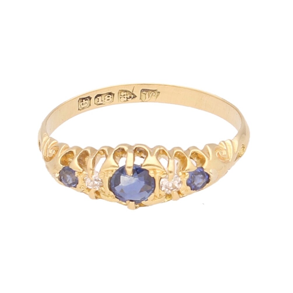 Antique 18Carat Yellow Gold Sapphire Three-Stone & Diamond Accents Ring (Size P)