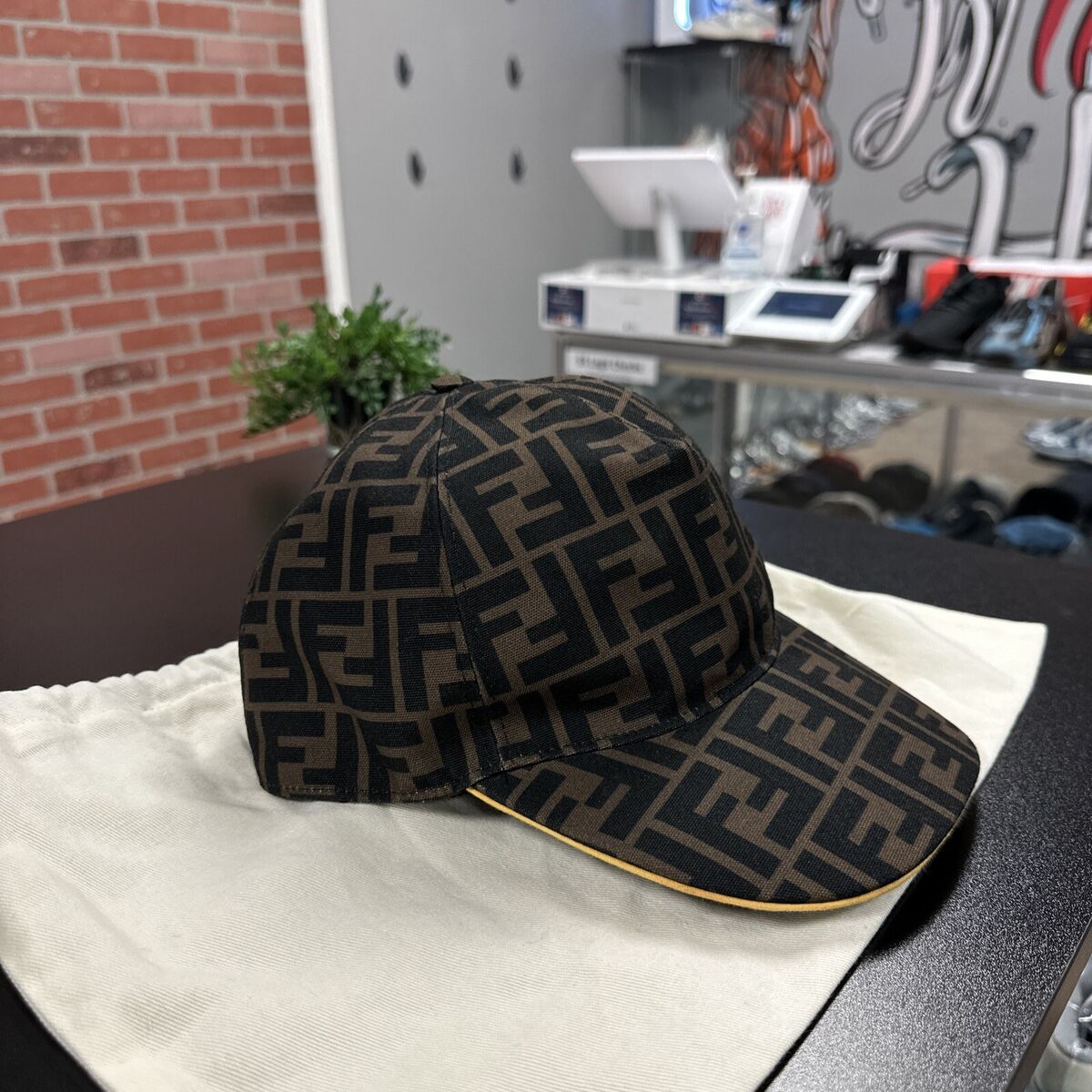 FENDI brown Forever FF monogram yellow trim beak baseball FENDI brown Forever FF monogram yellow trim beak baseball