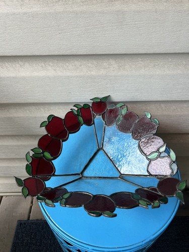 Vintage Red Apples Stained Glass Angular Art Glass Bowl 11" Farmhouse Fall