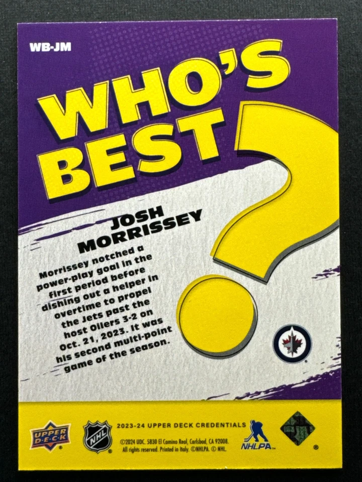 2023-24 UD Credentials Josh Morrissey Who's Best #WB-JM Winnipeg Jets - Image 2 of 2