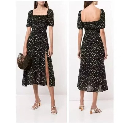 Reformation Meadow Floral Print Midi Dress Side Slit Smocked Puff Sleeve  Black S | eBay