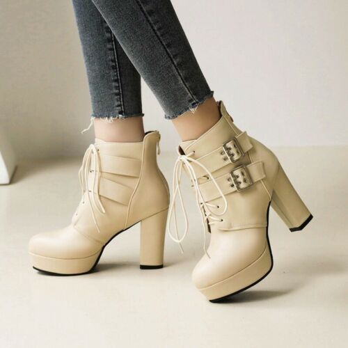 Women's Punk Ankle Boots Round Toe Block High Heel Buckle Platform Shoes 44-48 D - Picture 6 of 17