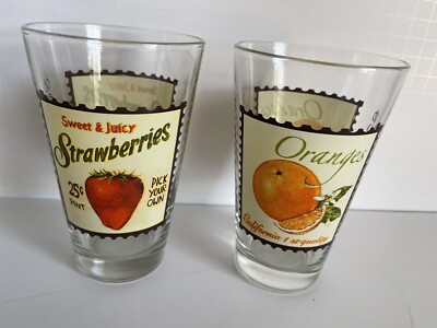2 Cerve Old Times Tumbler Glass Fruit Stamp Design U-Pick Orange Strawberry Vtg