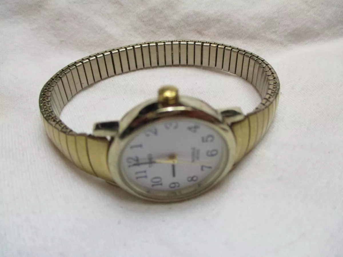 Timex Watch Gold Toned Expansion Band Round White Face Elegant WR 30M Indiglo