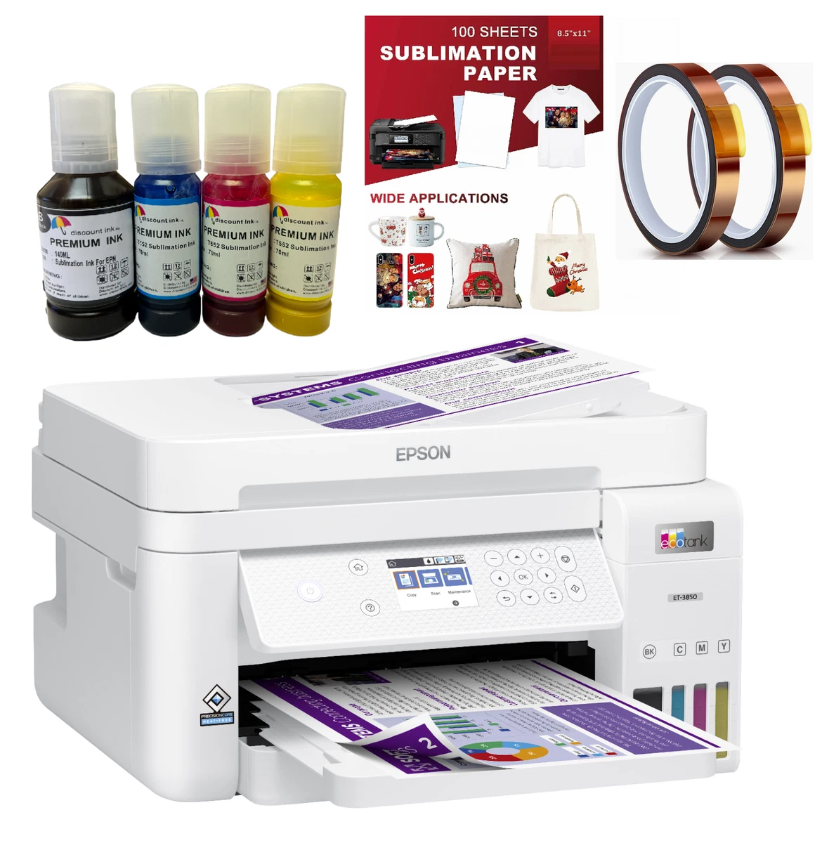 Epson EcoTank ET 3850 Sublimation Printer Bundle with Sublimation Ink and  Paper 10343957855