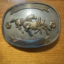 Vintage Rodeo Belt Buckle Cowboy Steer Wrestling Nickel Silver Gold Tone