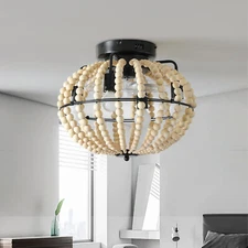 Ceiling Fan Light 18'' Black Flush Mount Boho Wood Caged with Remote Control Kit