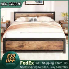 Full Queen King Size Bed Frame with Wooden Headboard Heavy Duty Metal Platform