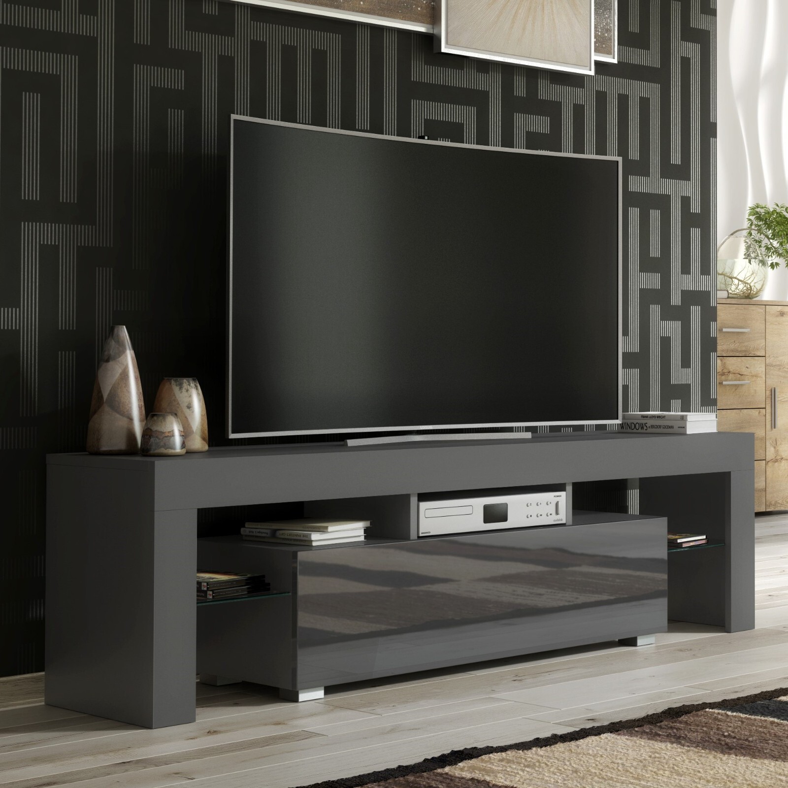 TV Unit TV Stand Cabinet Modern Sideboard Grey Gloss Doors Storage Unit 160cm