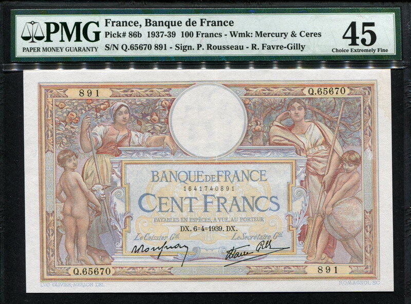 France 1937-1939, 100 Francs, Q65670-891, P86b, PMG 45 EF
