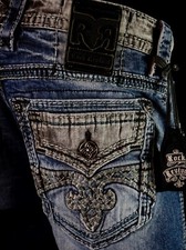  220 Mens Rock Revival Jean "Vino" Teal Gray Leather Inserts Straight 40 X 32