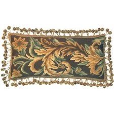 12 x 24 Wool Needlepoint Aubusson Brown Lumbar Pillow with Ball Tassels Vtg