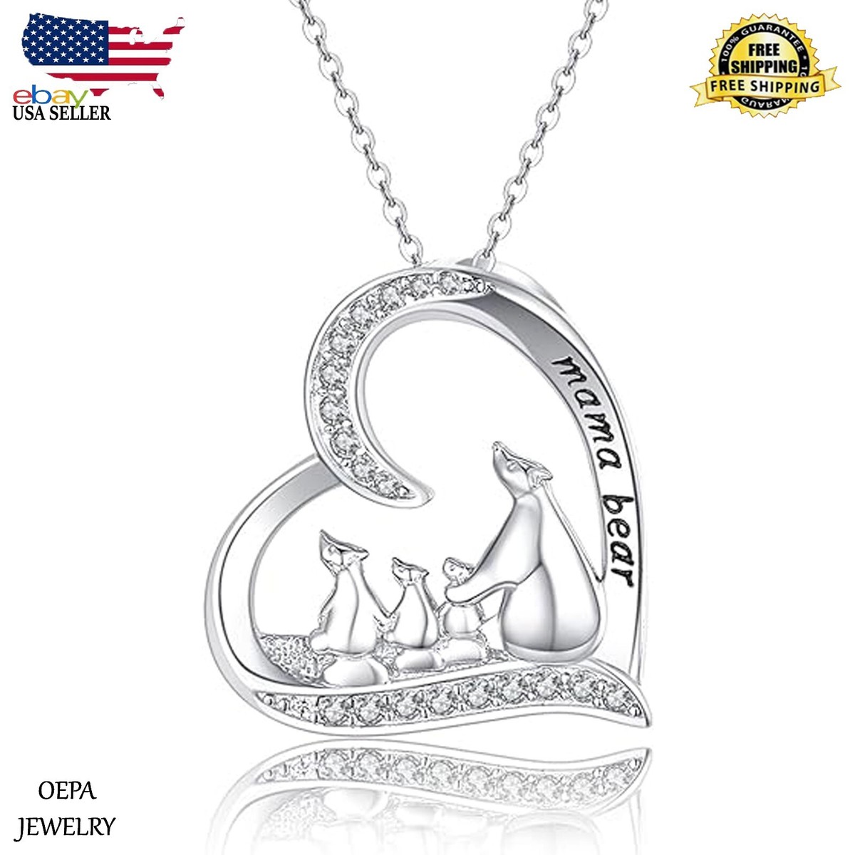 Mother Bear Necklace 925 Sterling Silver Mom Bear Heart Necklace