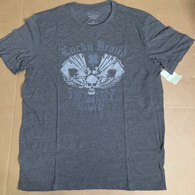 Lucky Brand (M-XXL) Mens Gray Graphic T-Shirt Too Tough To Die Poker Cards Skull