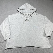 Aerie Hoodie Womens XS Gray Lace Up V Neck Pullover Lightweight Sweatshirt