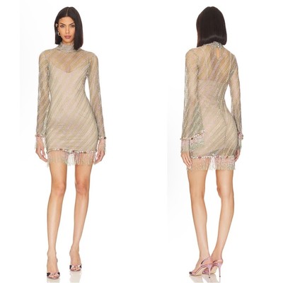 Patbo Stripe Hand Beaded Rhinestone Netted Fringe Hem Green Mini Dress Sz 4  | eBay