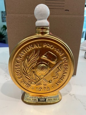 Vintage 1973 Bing Crosby Jim Beam Gold Decanter Pro-Am Pebble Beach Golf EMPTY