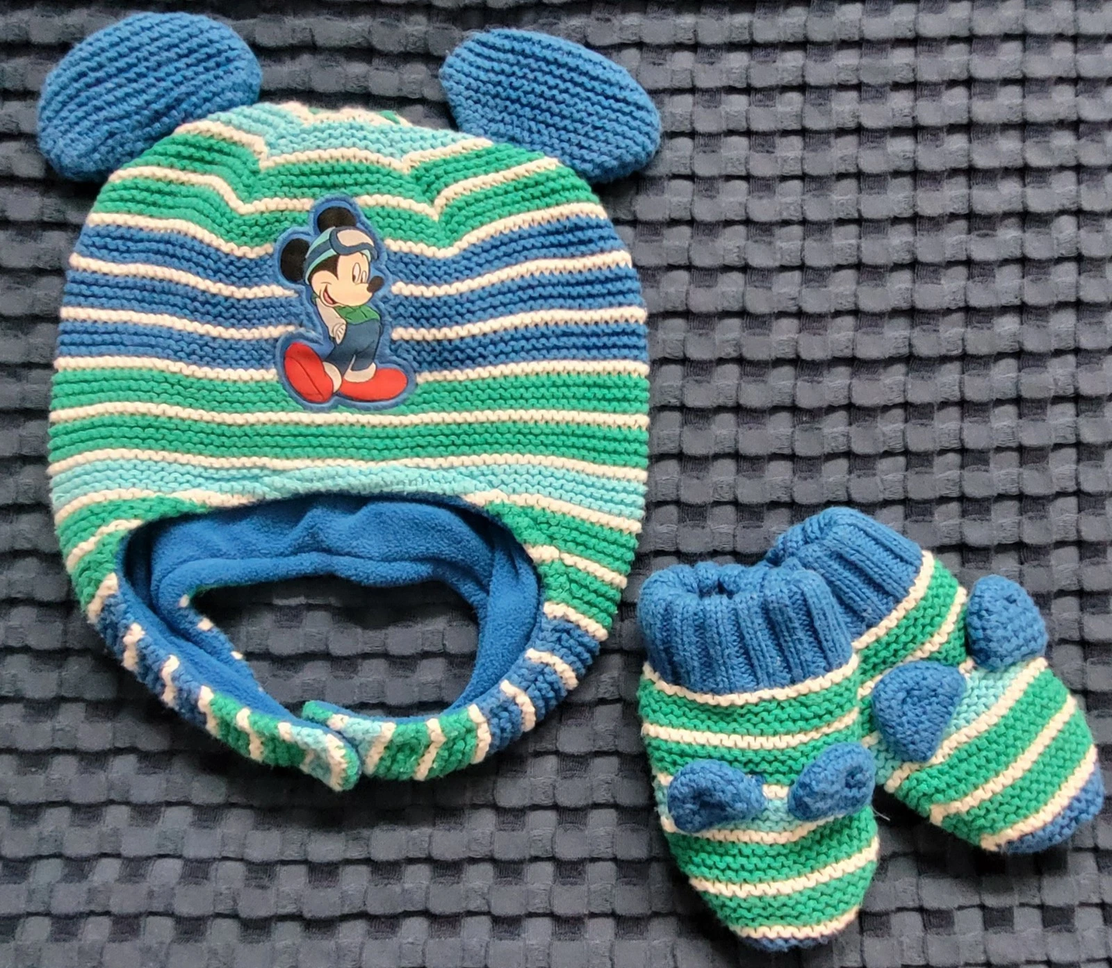 Mickey Mouse Fleece Lined Knit Beanie w/fastner and Mittens, Age 12-24 Months