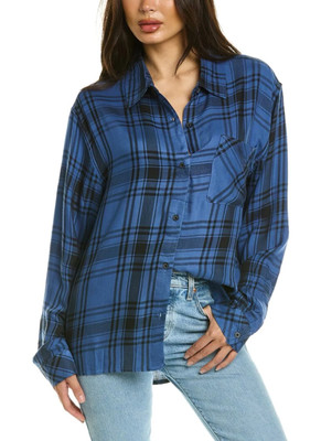 We Wore What Boyfriend Plaid Button-Up Relaxed Shirt Blue/ Black Women's XXS/XS