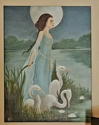 MD Original Fantasy Painting   Woman, Birds, Moonlit Lake, Signed 