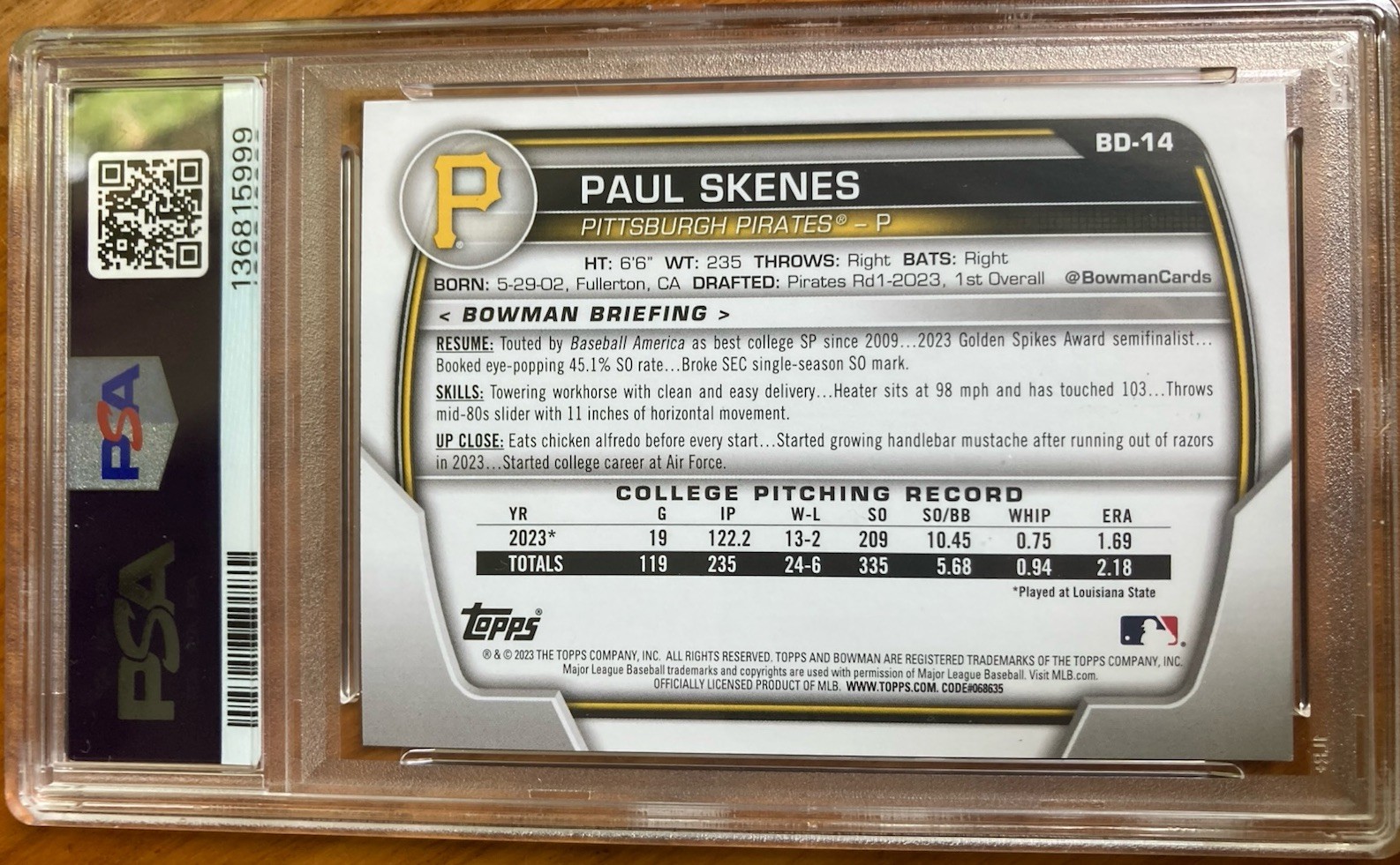 2023 Bowman Draft Paul Skenes #BD-14 (RC) Sky Blue /499 PSA 9 MINT view 2