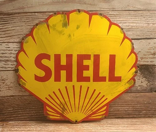 Large Vintage Shell Oil Porcelain Metal Gas Sign Die-cut Clam Logo