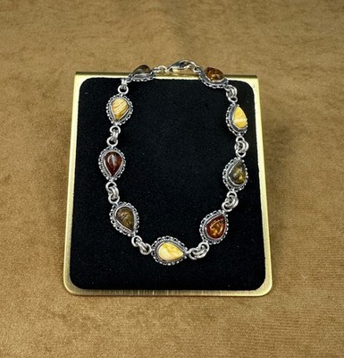 Sterling Silver & Amber Link Bracelet ~ 7.00'' ~ Settings 11.8 mm L x mm 9.4 mm W