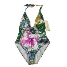 Gottex Swimsuit Womens 12 Floral Standard Bora Halter Deep Plunge 1 Piece Beach