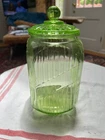 Depression Hocking 1930’s Uranium Vaseline Glass Large Canister With Lid 8½"