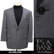 JOS A BANK mens gray PLAID silk + wool sport coat suit jacket blazer 44 R