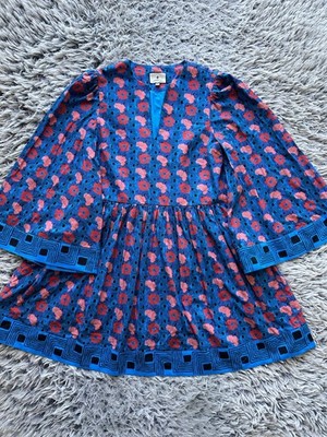 Tuckernuck Dress Womens Medium Blue Izzie Retro Floral Mini Split Neck