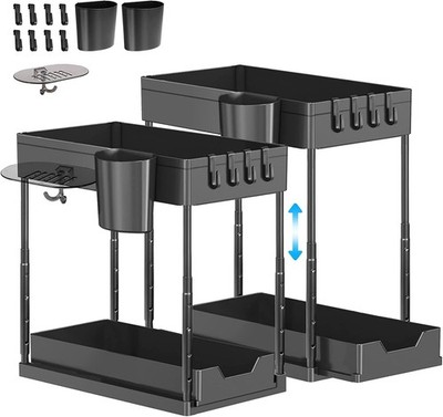 2 Stück Unter Waschbecken Aufbewahrung Organizer, 2-stufiges Schieberegal mit 8 Haken 2 Tassen &