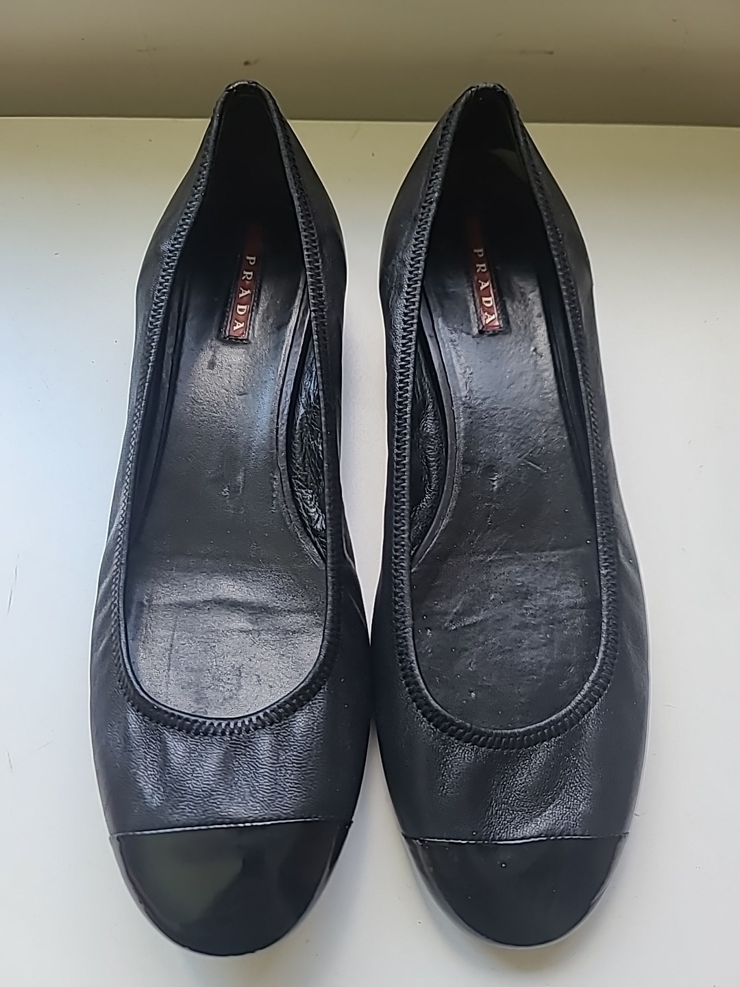 Prada Flats SHOES Slip On Black Leather Patent Leather Toe Size 38.5-image