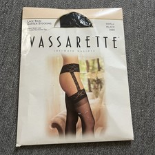 NEW VASSARETTE SMALL BLACK LACE TRIM GARTER STOCKINGS SHEER NYLON LEG 1430