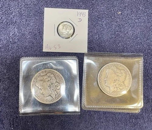 Lot of 3 Silver Coins (2 Morgan Dollars & an almost Uncirculated Mercury Dime)