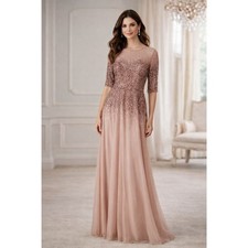 Adrianna Papell Pink Rose Gold Sequined Beaded 3/4 Sleeve MOTB Gown Dress Sze 12