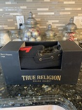 True Religion House Slippers Faux-Fur Lined Moccasins Black/Red Mens L NIB