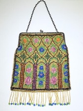 Antique hand beaded metal frame floral handbag purse bag STUNNING