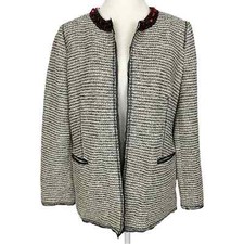 CHICO S Embellished Neckline Tweed Long Sleeve Open Jacket Ecru Black NWT M